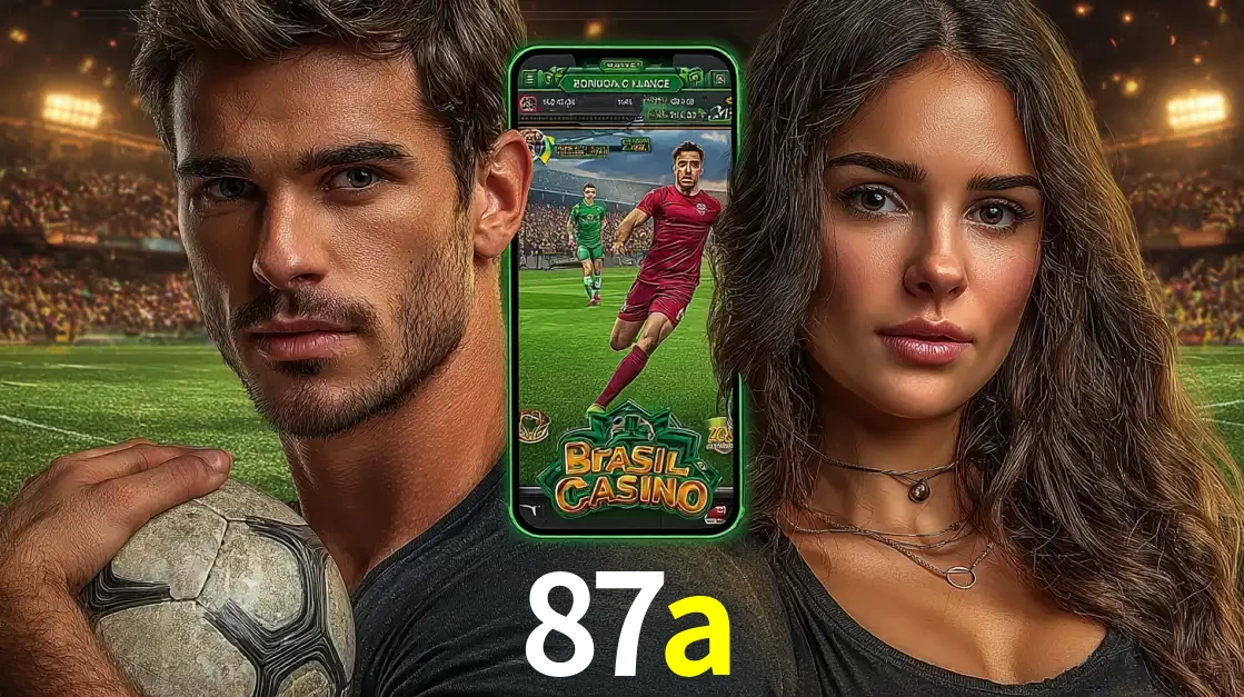 Homem segurando uma bola de futebol e uma mulher ao lado de um smartphone exibindo o jogo de apostas esportivas da 87a. Faça seu palpite no cassino online.